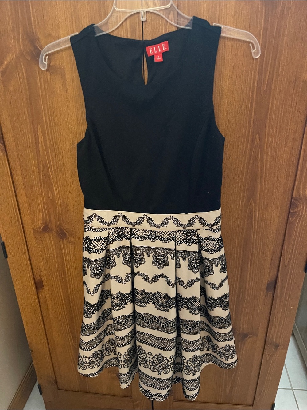 Elle Black & Cream Lace-Pattern Fit-and-Flare Women’s Dress